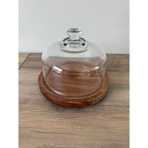 Vintage Good Wood Covered Cheese Dish Plate Genuine Teak Wood Glass Dome 7 3/8"
